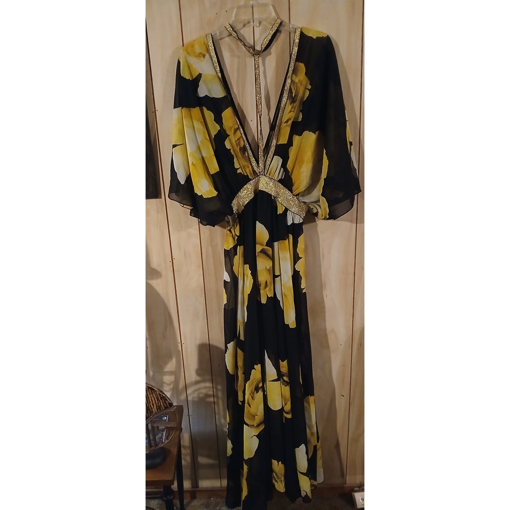 Black Yellow Floral Deep V-Neck Maxi Dress